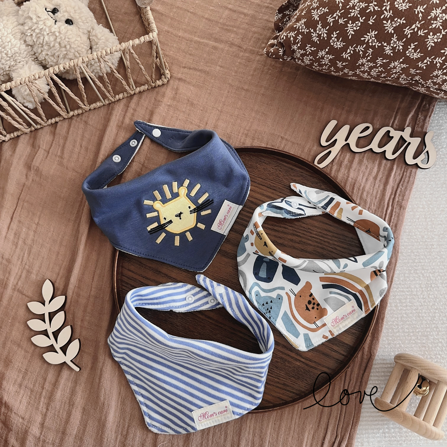 ins日本婴儿三角巾儿童围巾高端纯棉卡通兔子按扣围兜口水巾3件装