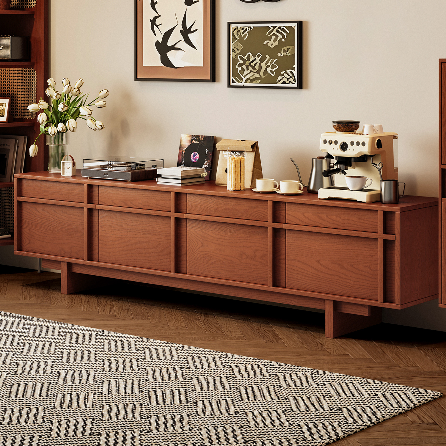 苏娅全实木胡桃色骨骼线电视柜子