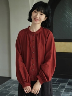高端铁锈红色棉麻毛边衬衫文艺复古中式长袖宽松上衣外套春秋衬衣