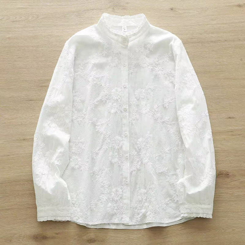 日韩外贸原单~立领木耳花边长袖衬衫女春季双层棉纱舒适百搭衬衣