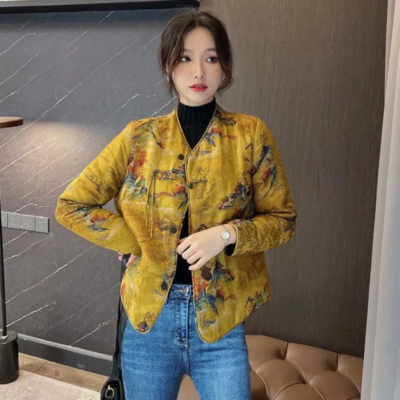 中国风复古盘扣文艺印花唐装外套秋冬新款黄色仿真丝夹棉保暖棉服