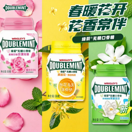 绿箭口香糖40粒/罐原味薄荷玫瑰茉莉桂花办公室零食口腔清新糖56g