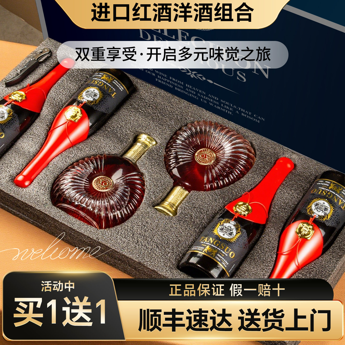 买一箱送一箱意大利进口干红葡萄酒法国进口红酒口白兰地组合洋酒