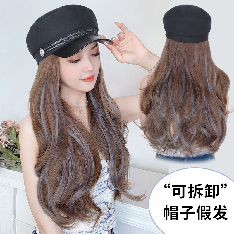 假发帽子一体网红时尚巴黎画染冬英伦帽子长卷发全头套假发女长发