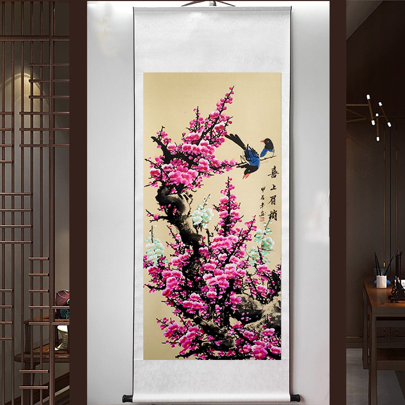 喜上眉梢国画梅花图客厅装饰字画水墨画喜上眉梢竖幅花鸟画