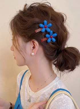 蓝色花朵鸭嘴夹一对发夹女前额刘海夹侧边碎发夹2026新款春天头饰