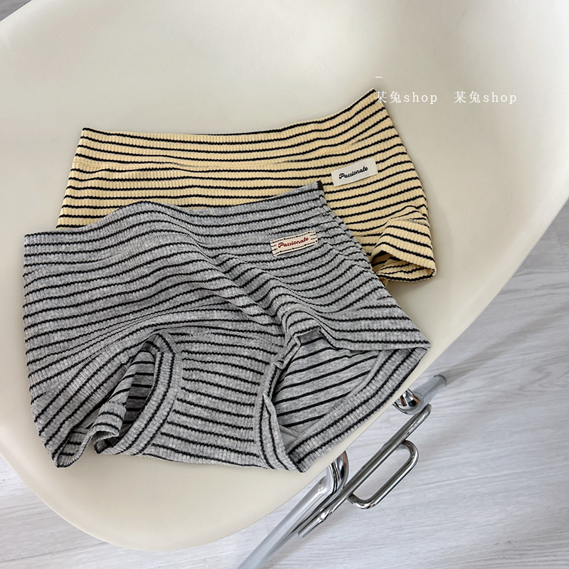 INS风条纹平角内裤纯棉中腰少女内裤女生透气包臀运动风四角裤