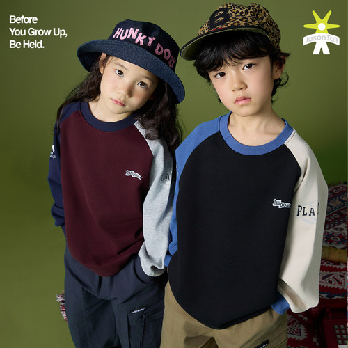 两色户外风撞色套头儿童宝宝卫衣上衣打底衫男女童装宽松打底衫棉