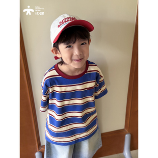 蓝红条纹夏季短袖T恤儿童上衣圆领打底衫宝宝上衣百搭棉男女童装