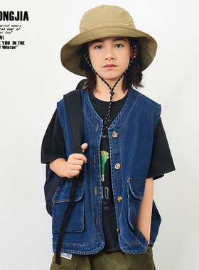 ZAIXONGJIA◆蓝色牛仔工装口袋马甲上衣无袖新露营风男女童装软