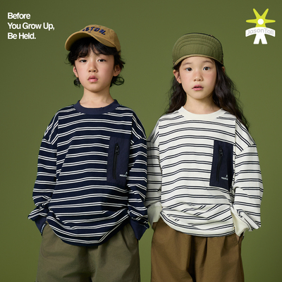 山系露营风儿童条纹长袖T恤上衣宝宝男女童装宽松套头打底衫软棉