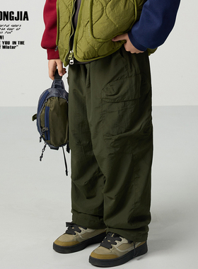 ZAIXIONGJIA◆绿色加绒加厚厚实束口裤防风松紧腰儿童裤子冬宽松