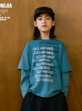 蓝色假两件英文印花长袖体恤儿童卫衣上衣基础打底衫宽松男女童装