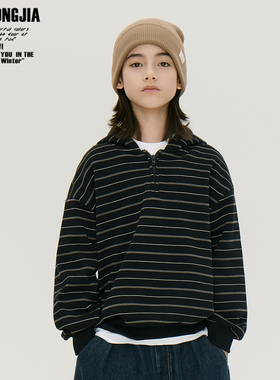 黑色条纹加加厚连帽套头卫衣儿童上衣基础打底衫秋冬新男童装棉
