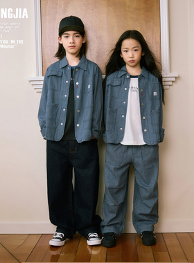 春秋条纹牛仔外套+深蓝牛仔裤+条纹牛仔裤儿童上衣长裤松紧腰外套