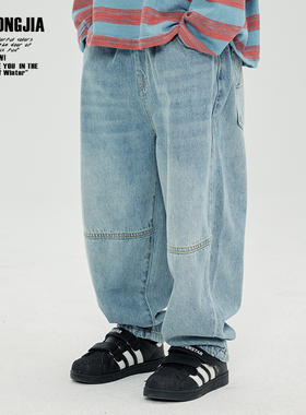 ZAIXIONGJIA◆简约浅蓝复古牛仔长裤童裤男女童装春秋新软松紧腰