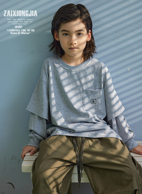 ZAIXIONGJIA◆灰色日系同色拼接袖假两件长袖卫衣上衣打底衫童装