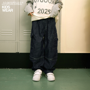 【防褪色】蓝色明线牛仔长裤春秋裤子松紧腰裤子男女童装儿童下装