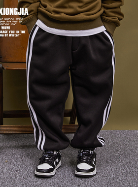 ZAIXONGJIA◆加绒加厚黑色侧边两杠运动束脚长裤童裤冬男女童休闲