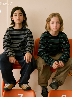 两色条纹宽松长袖T恤儿童上衣基础打底衫春秋新男女童装棉圆领