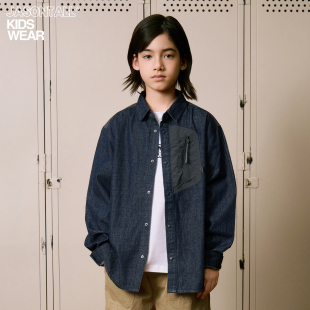 儿童上衣简约 户外露营风宽松男女童装 胸前口袋翻领长袖 牛仔衬衫