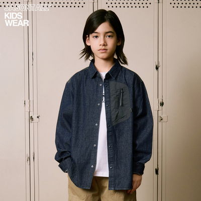 胸前口袋翻领长袖牛仔衬衫户外露营风宽松男女童装儿童上衣简约