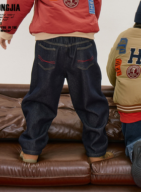 冬季软牛仔加绒加厚深蓝牛仔大pp裤版型号松紧腰幼儿园长裤儿童