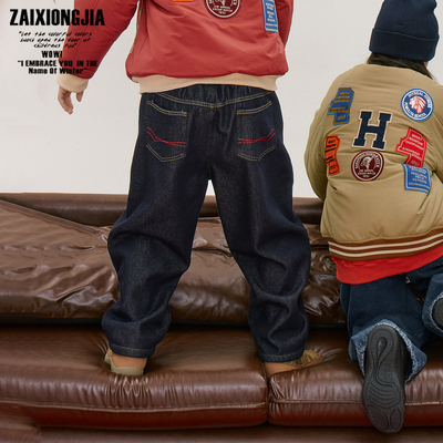 冬季软牛仔加绒加厚深蓝牛仔大pp裤版型号松紧腰幼儿园长裤儿童