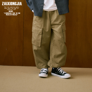后口袋装饰休闲卡其工装束脚裤男女童装松紧腰幼儿园长裤棉裤子