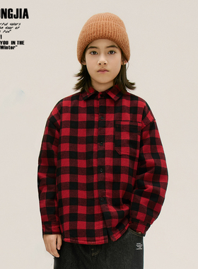 口袋绣花秋冬夹棉加厚红色蓝色格子衬衫外套小棉衣打底衫男女童装