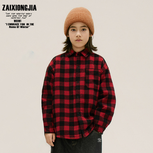 口袋绣花秋冬夹棉加厚红色蓝色格子衬衫外套小棉衣打底衫男女童装