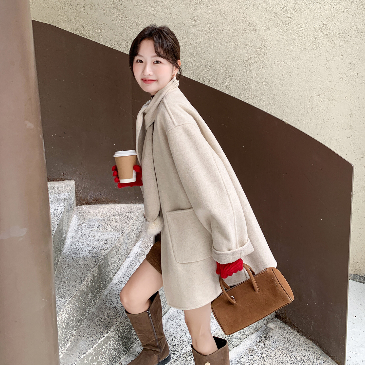 2C270-2901-P225-K298带围巾双面毛呢大衣,女装毛呢外套,2C270