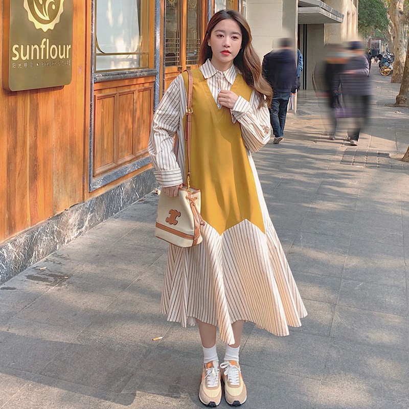 2C270-803-P115-K168春款长袖假两件撞色条纹连衣裙,女装连衣裙,2C270