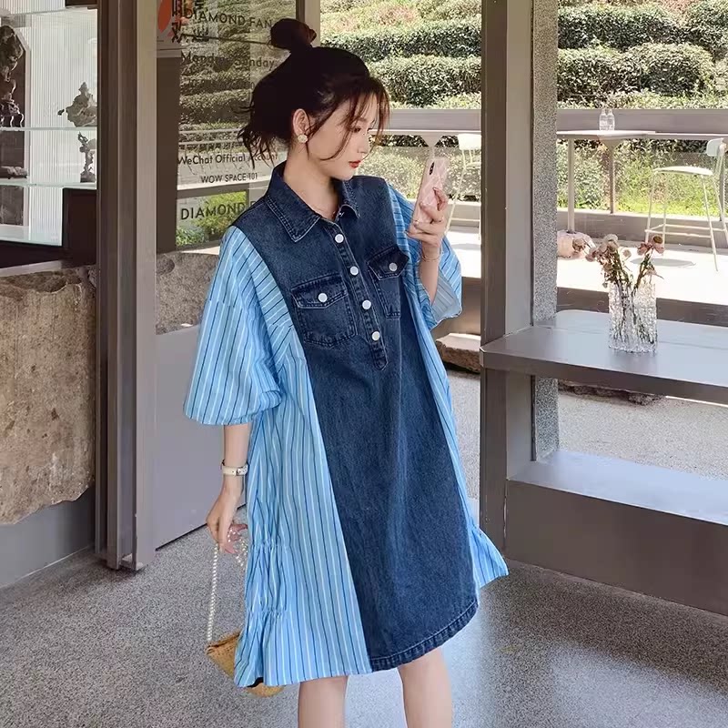 C270-830-P110-K168夏款牛仔拼接条纹连衣裙现货,女装连衣裙,2C270