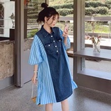 C270-830-P110-K168夏款牛仔拼接条纹连衣裙现货，女装连衣裙，2C270