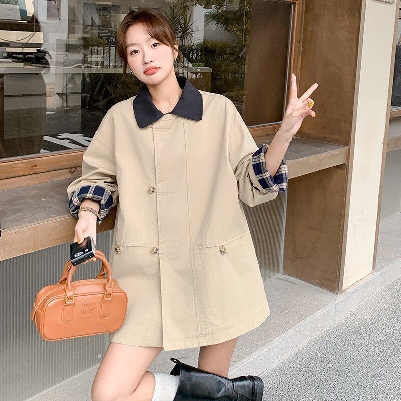 C270-2757-P155-K228撞色格子中长款风衣,女装风衣,2C270