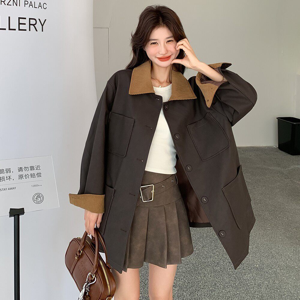 C270-2765-P175-K258春款灯芯绒拼接蜡感皮衣外套,女装风衣,2C270