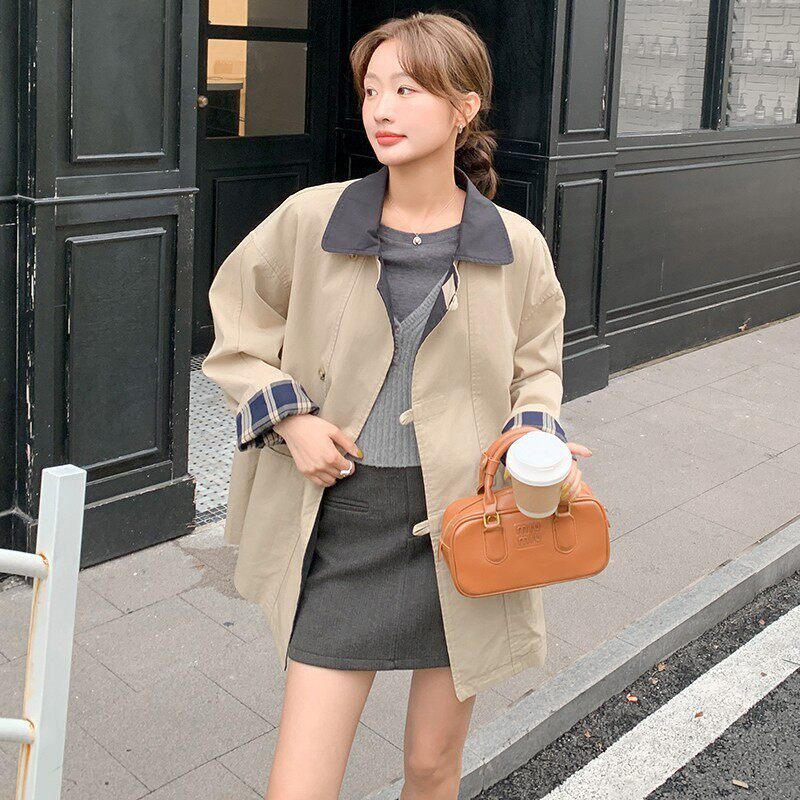 C270-2757-P155-K228撞色格子中长款风衣,女装风衣,2C270