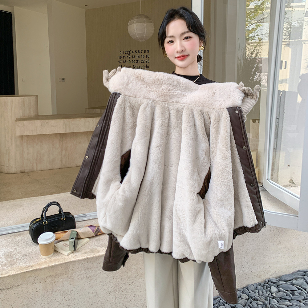 咖色毛绒翻领皮衣派克服女2025年冬季新款高级感加绒加厚机车夹克,女装皮衣,2C270