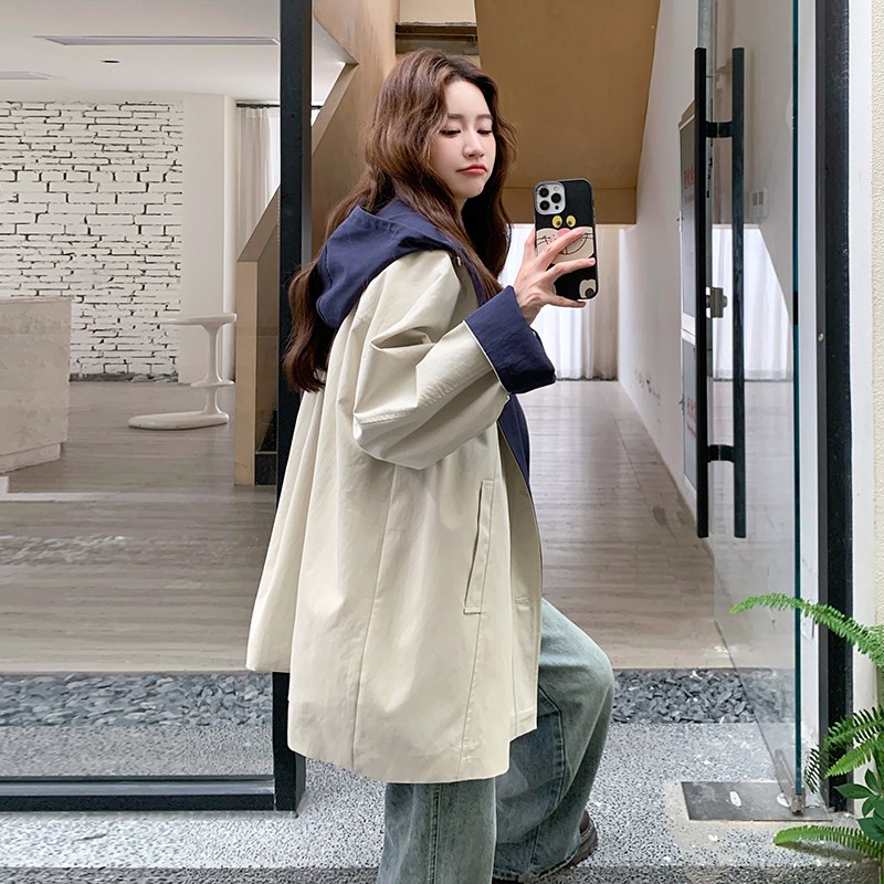 2C270-2860-P175-K258戴帽撞色一排扣风衣,女装风衣,2C270