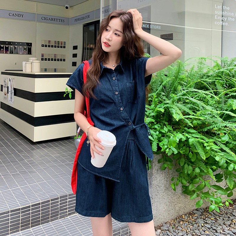 2C270-2850-P150-K228斜扣系带短裤牛仔套装,女装套装/套裙,2C270