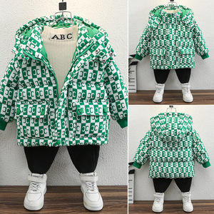 男童洋气满印字母格子棉衣棉服冬装中小儿童时尚加厚保暖棉袄外套