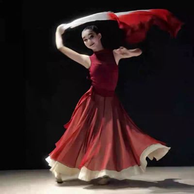 光亮舞蹈群舞服女芷潼同款艺考飘逸红色大摆裙扇子舞古典舞演出服
