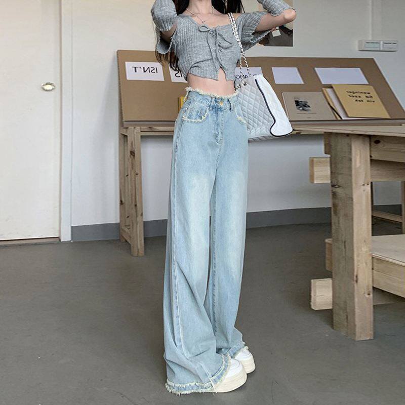 高腰直筒牛仔裤女春夏季2025年新款小众设计感浅蓝窄版阔腿裤子