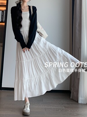 桃花皱半身裙女2026新款春季穿搭高腰温柔气质仙女A字蛋糕长裙子