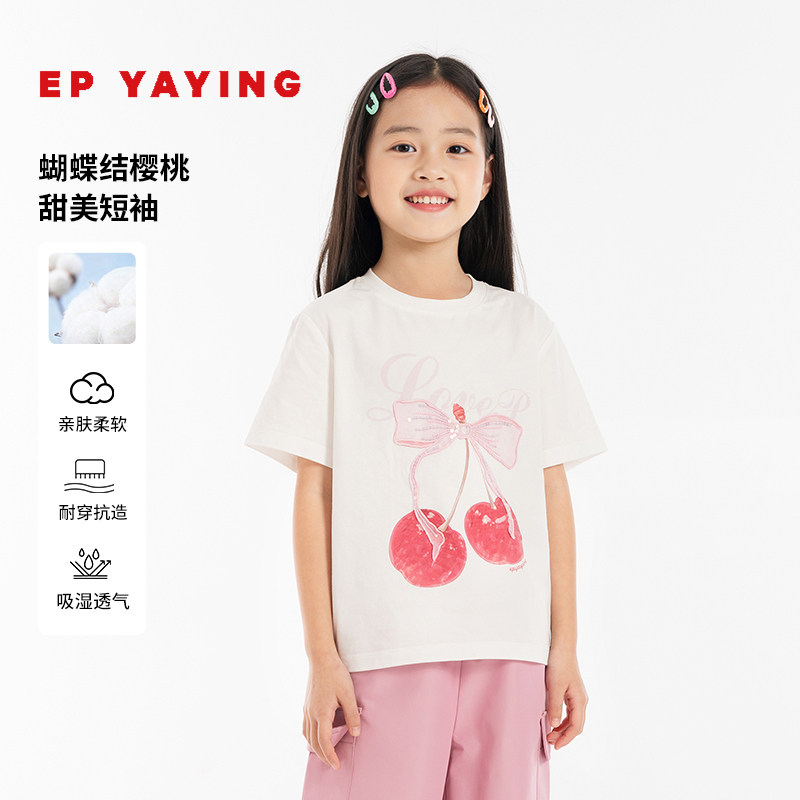 蝴蝶结樱桃图案印花休闲T恤