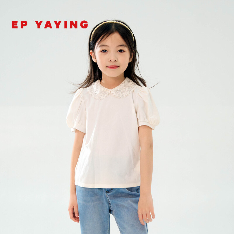 女童新款洋气甜美蕾丝娃娃领T恤