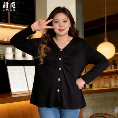 甜觅特大码女装春装胖mm300斤百搭显瘦纽扣点缀中长款V领针织开衫