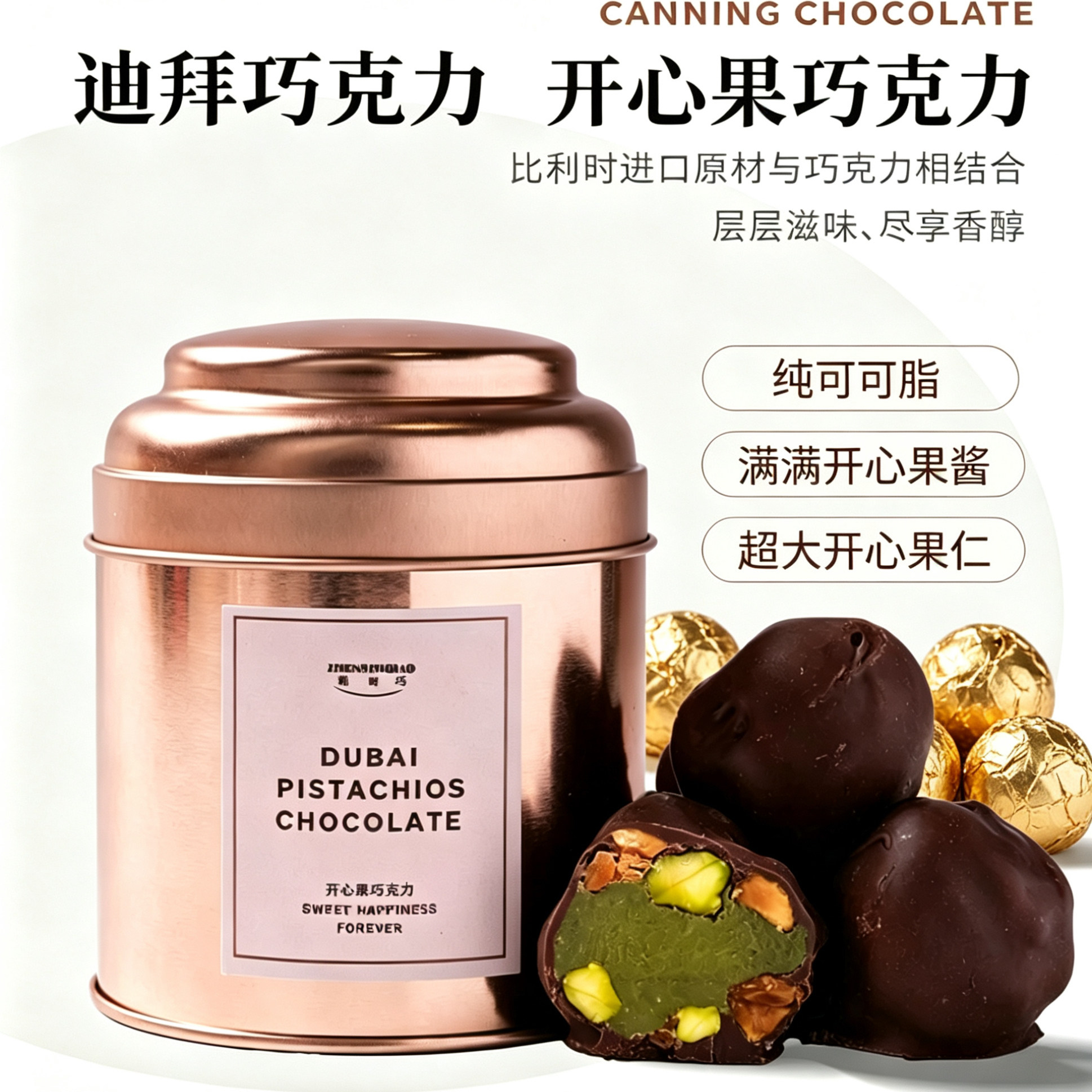 臻时巧迪拜开心果巧克力比利时进口原材纯可可脂手工制作坚果夹心