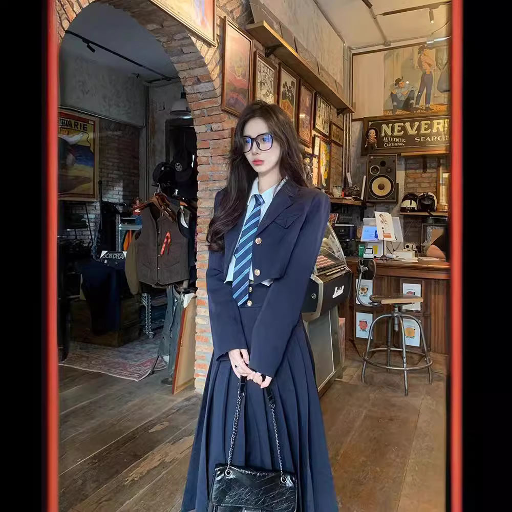 韩系学院风套装夏季JK制服时尚西装外套衬衫中长裙显瘦百褶裙